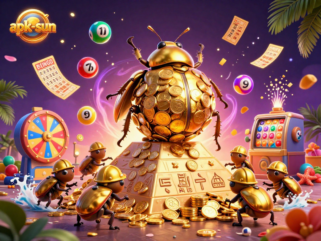 Engage with apk-sun's vibrant lottery fun featuring dynamic golden beetles and colorful games.
