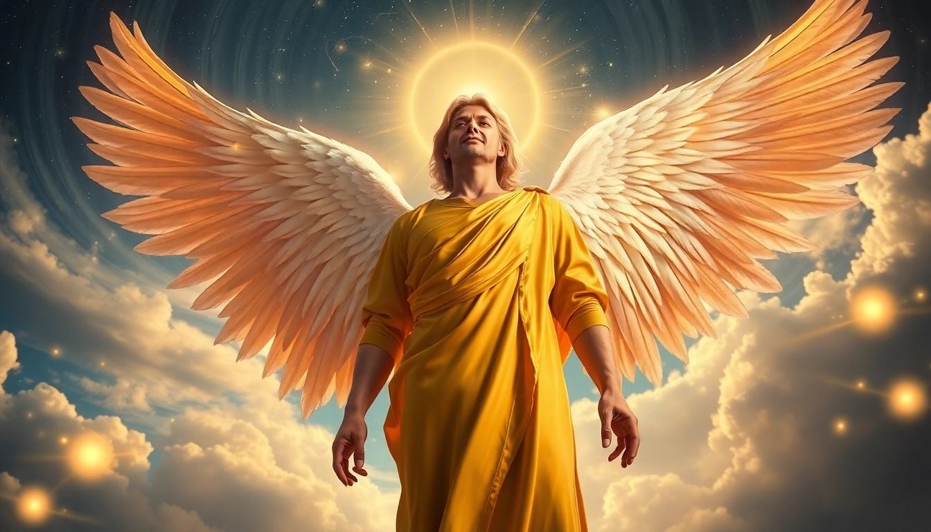 Erzengel Uriel in a celestial setting, radiating light and wisdom.