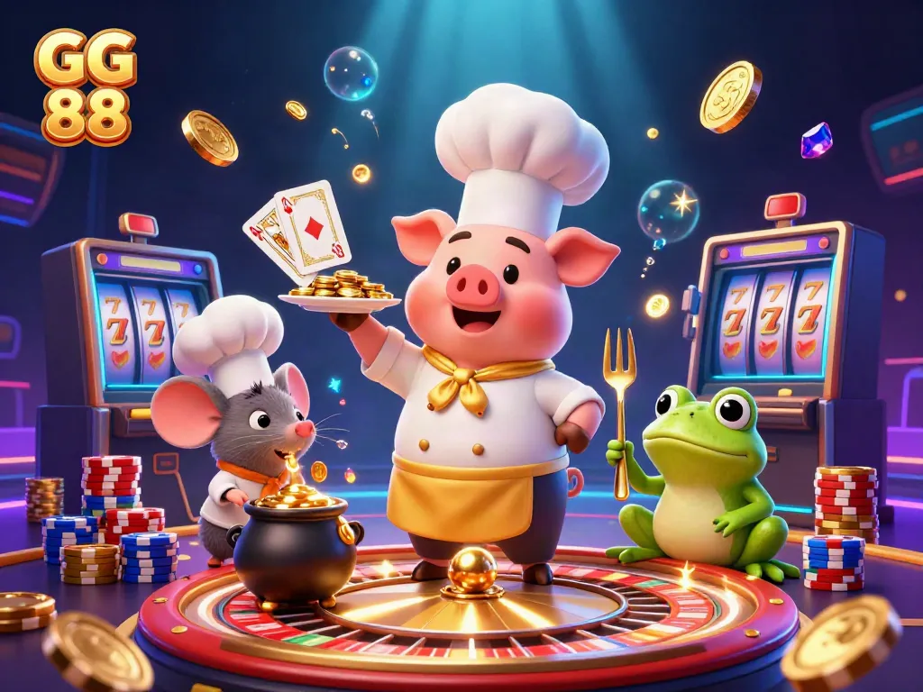 Experience the vibrant world of GG 88 with cartoon characters serving golden coins in this engaging casino scene.