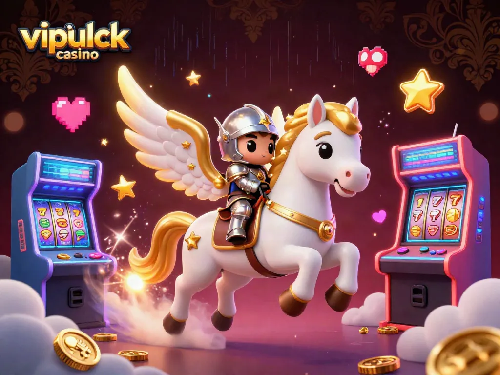 Engage with thrilling games at vipluck casino, featuring a celestial knight riding a starry horse amidst vibrant jackpot slots and arcade elements.