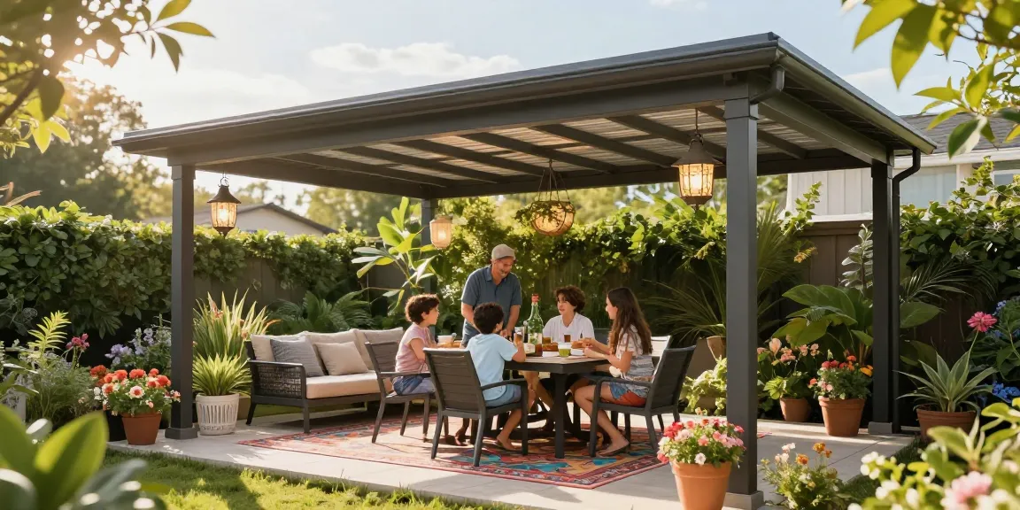 Freistehende Terrassenüberdachung bietet perfekten Schutz für Gartenpartys.