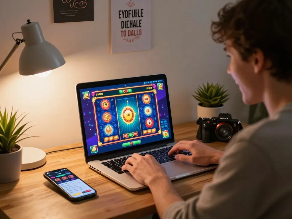 F168 player spinning vibrant online slots while enjoying a cozy home gaming session