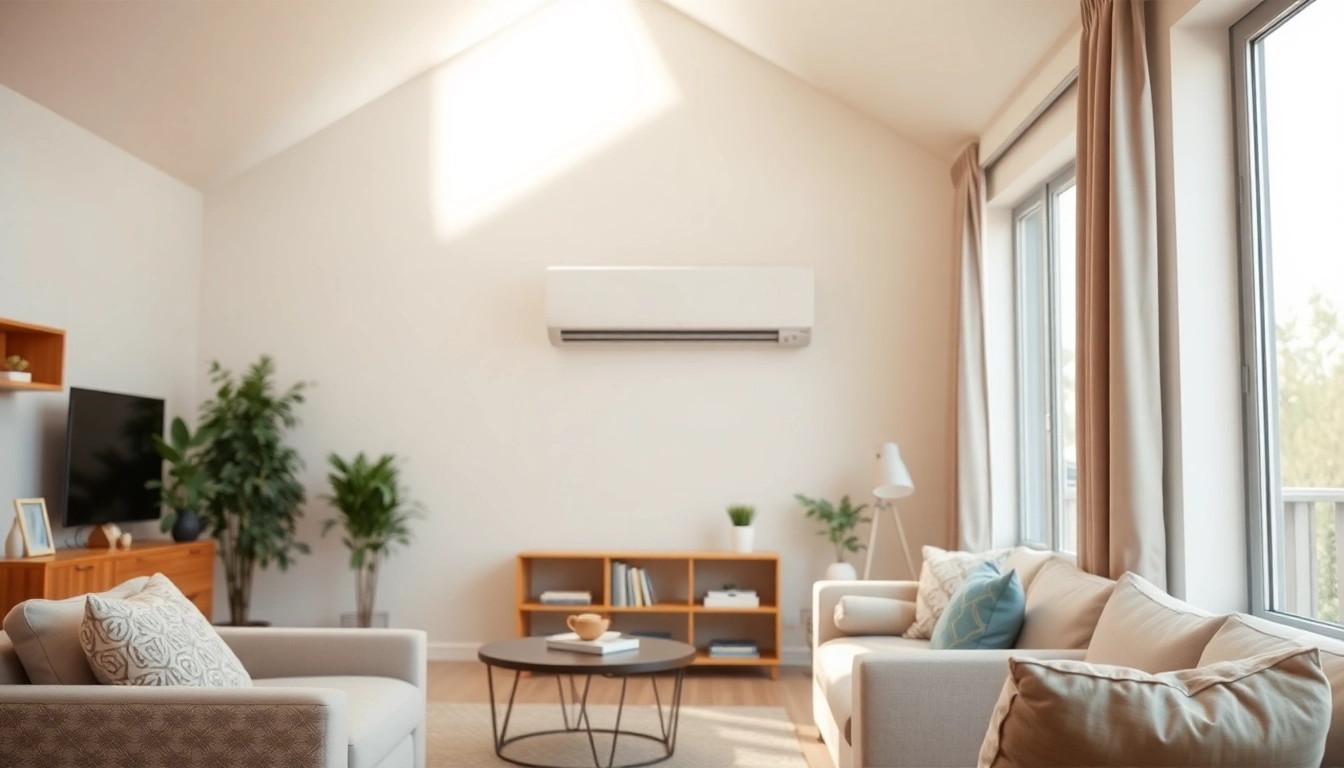 Actions to Klimaanlagen installieren lassen in a stylish home setting with a modern AC unit.
