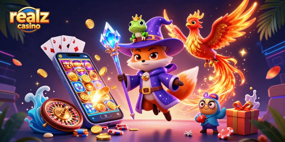 Experience excitement with realz casino's vibrant 3D illustration of a wizard fox and phoenix.