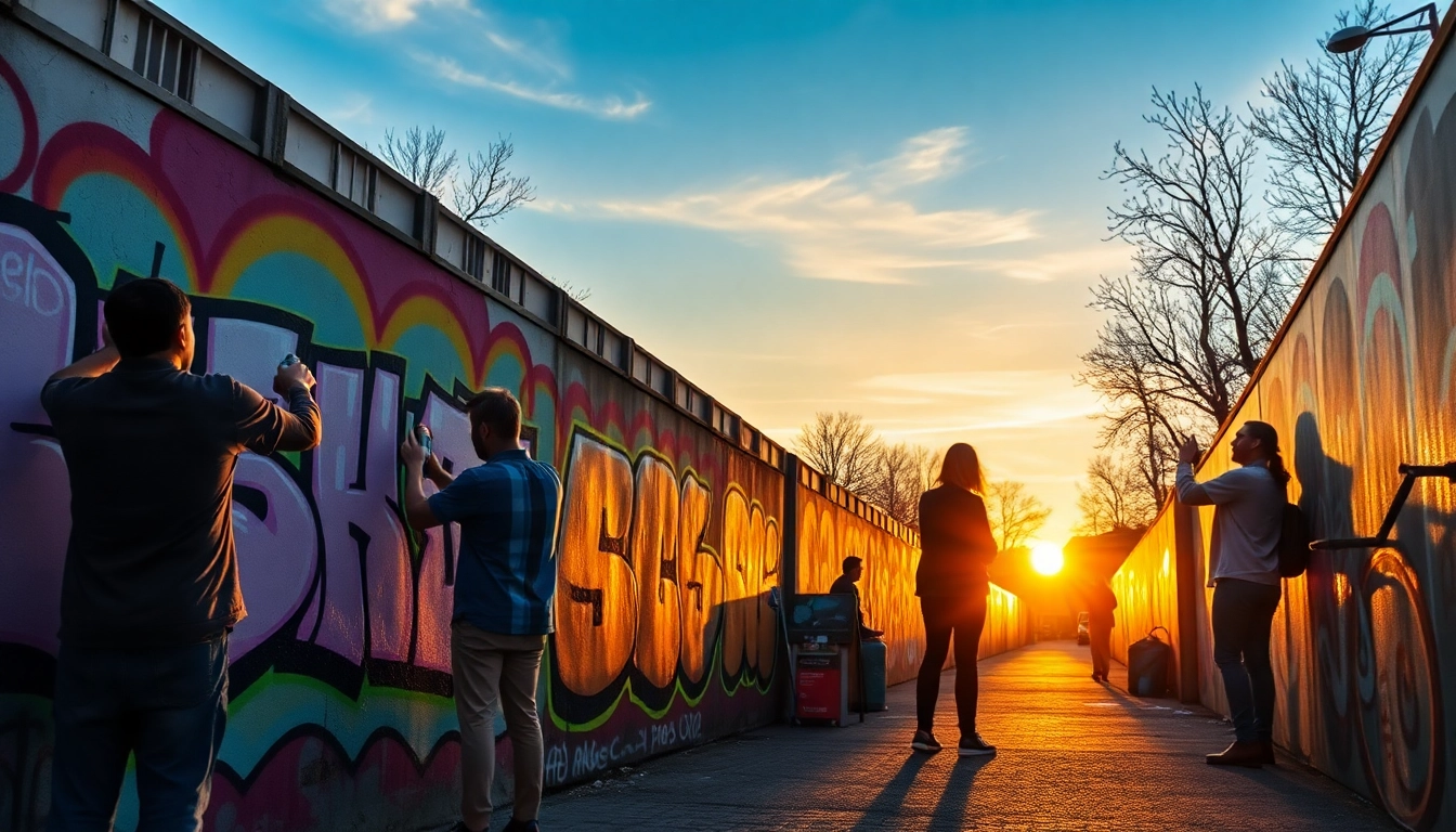 Entdecken Sie lebendige Graffiti München: Künstler arbeiten an bunten Wandmalereien in einer urbanen Straßenszene.
