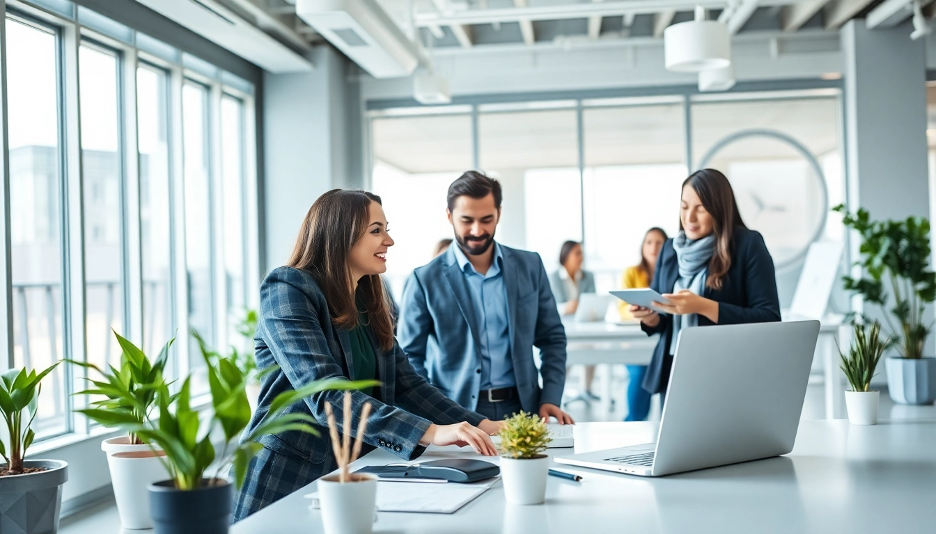 Headhunter IT in modern office environment engaging with candidates and technology.