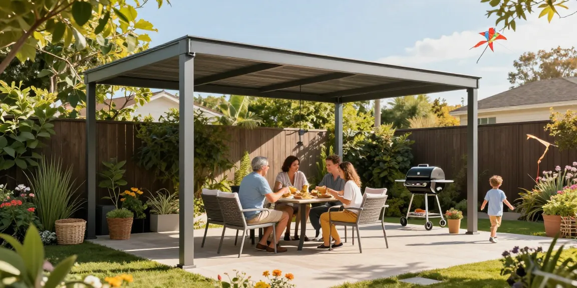 Moderne Terrassenüberdachung in einem sonnigen Garten mit Familie, Blumen und stilvollen Möbeln.