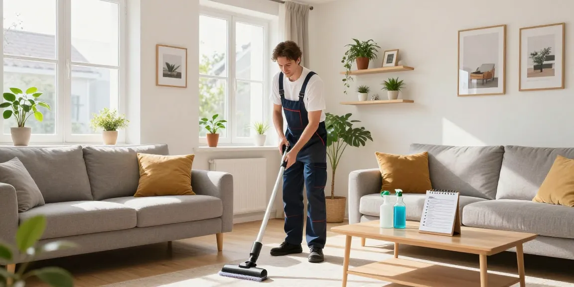 Professional cleaner performing umzugsreinigung solothurn in a bright living room.