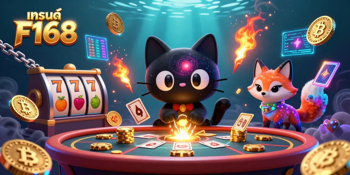 Engage in thrilling gameplay at แบรนด์ F168 with a cosmic scene featuring slot elements and cryptocurrency coins.