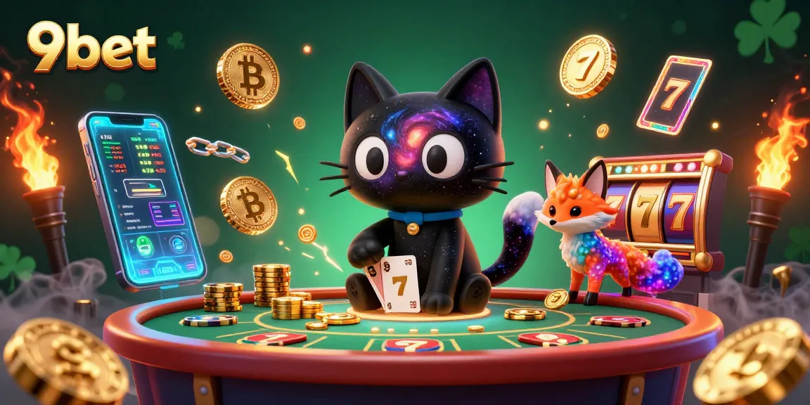 Engage with 9bet's cosmic casino scene featuring a black hole cat and colorful fox amidst crypto elements.