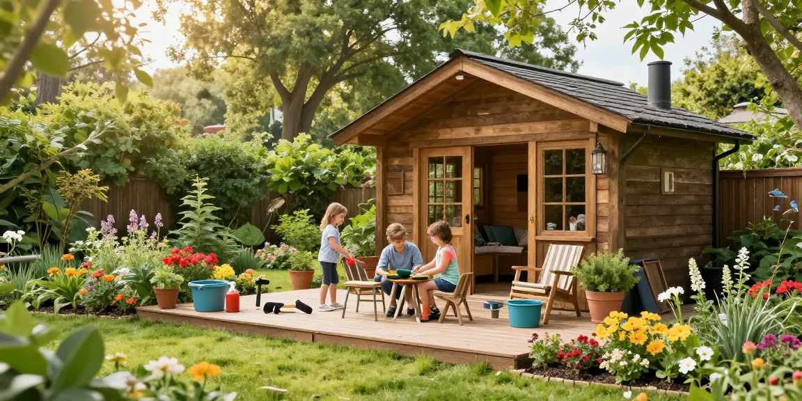 Gemütliches Gartenhaus Holz umgeben von bunten Blumenbeeten und einer Familie, die Möbel auf der Terrasse anordnet.