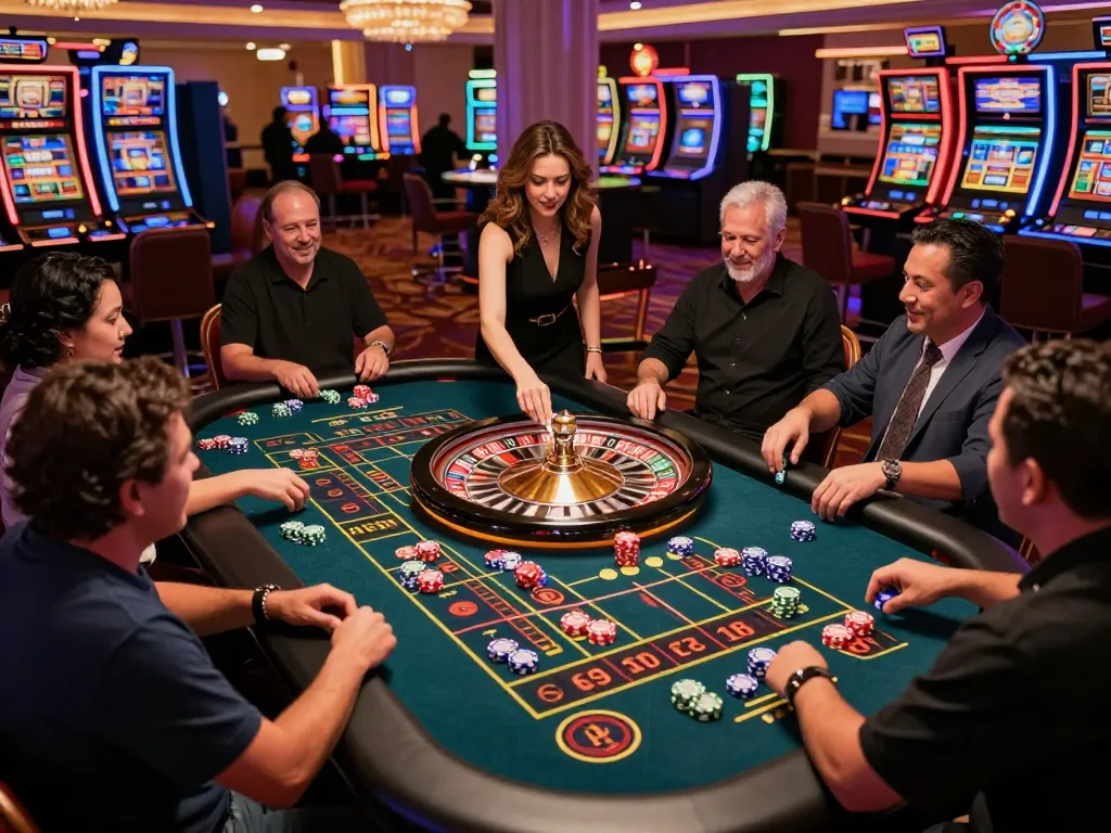 Players engaging in dynamic roulette gameplay at mb66-t casino, croupier spinning the wheel mid-action.
