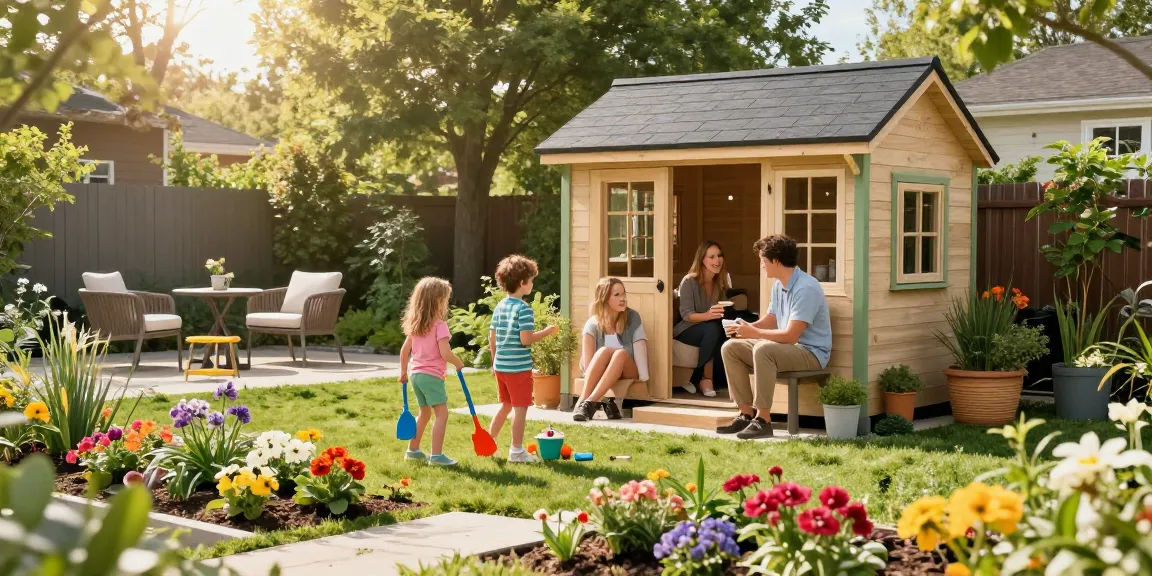 Familie beim Gartenhaus kaufen und entspannen, blühende Blumen im Hintergrund, sonnige Atmosphäre