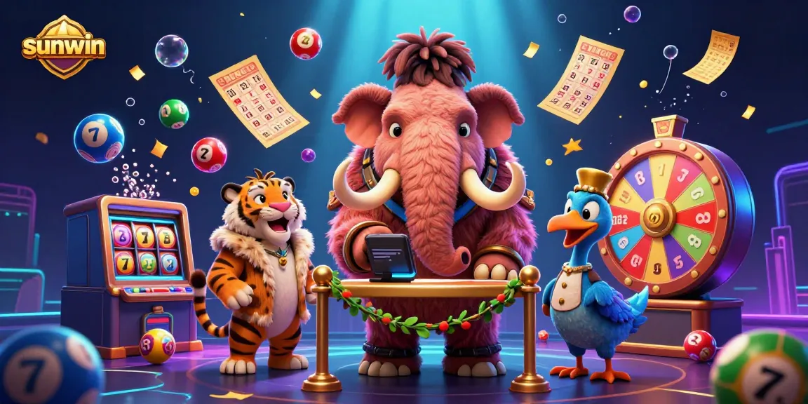 sunwin dynamic scene with a woolly mammoth bouncer, saber-tooth guest, and lottery elements