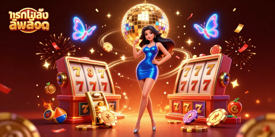 Engage with ทดลองเล่นสล็อต featuring a glamorous dancer surrounded by slot game elements and vibrant casino symbols.