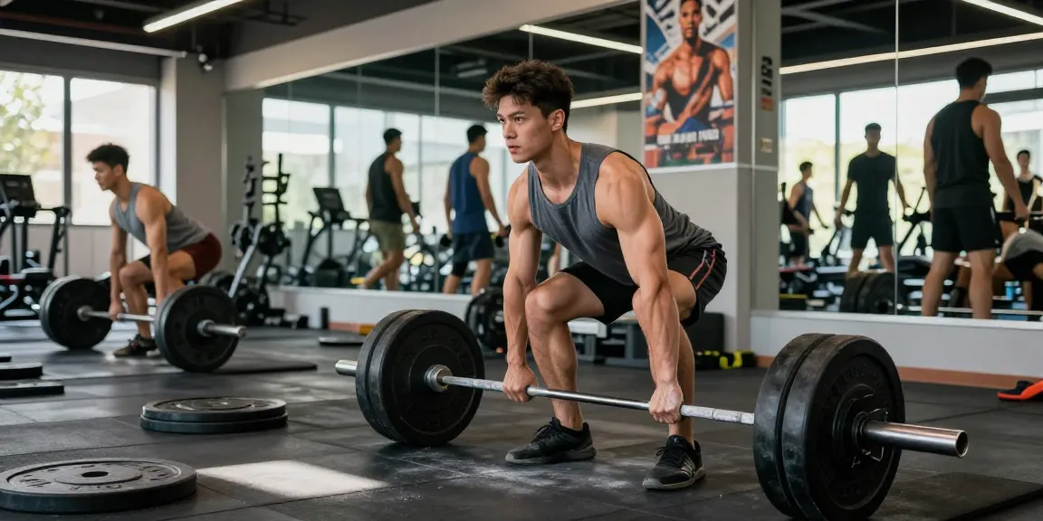 Athletischer Mann hebt Gewichte in einem dynamischen Fitnessstudio bei Steroidshop und zeigt Krafttraining mit hoher Energie.