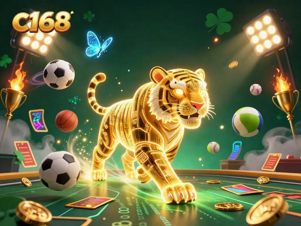 Engage in the vibrant world of c168, featuring a neon tiger in a dynamic casino environment.