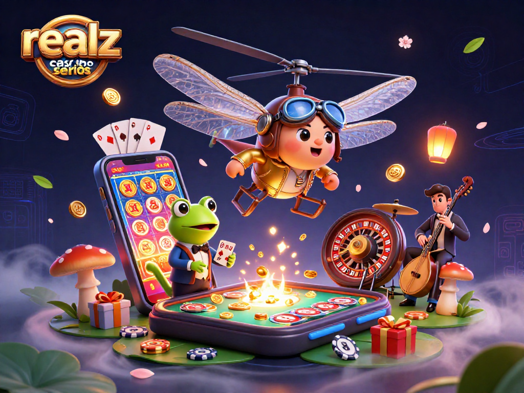 Realz Casino seriös: Ein aufregender Spieltisch mit einem Frosch-Croupier und Glücksspiel-Elementen.