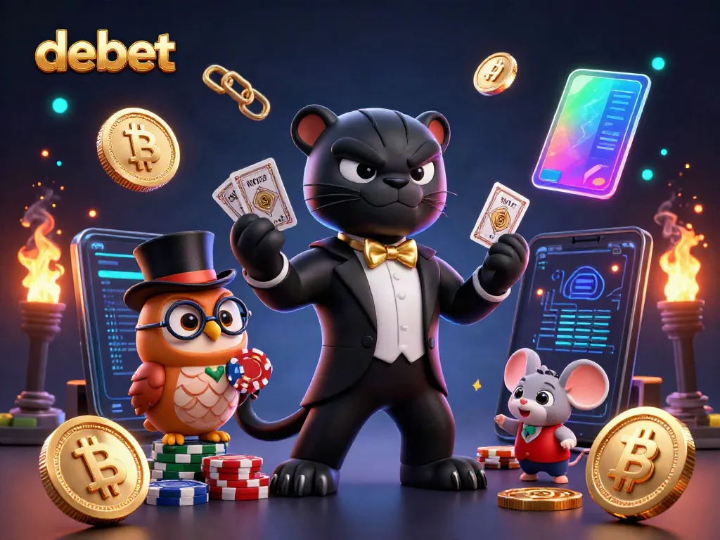 Experience exciting gaming with debet, the stylish panther and friends in a vibrant casino scene.