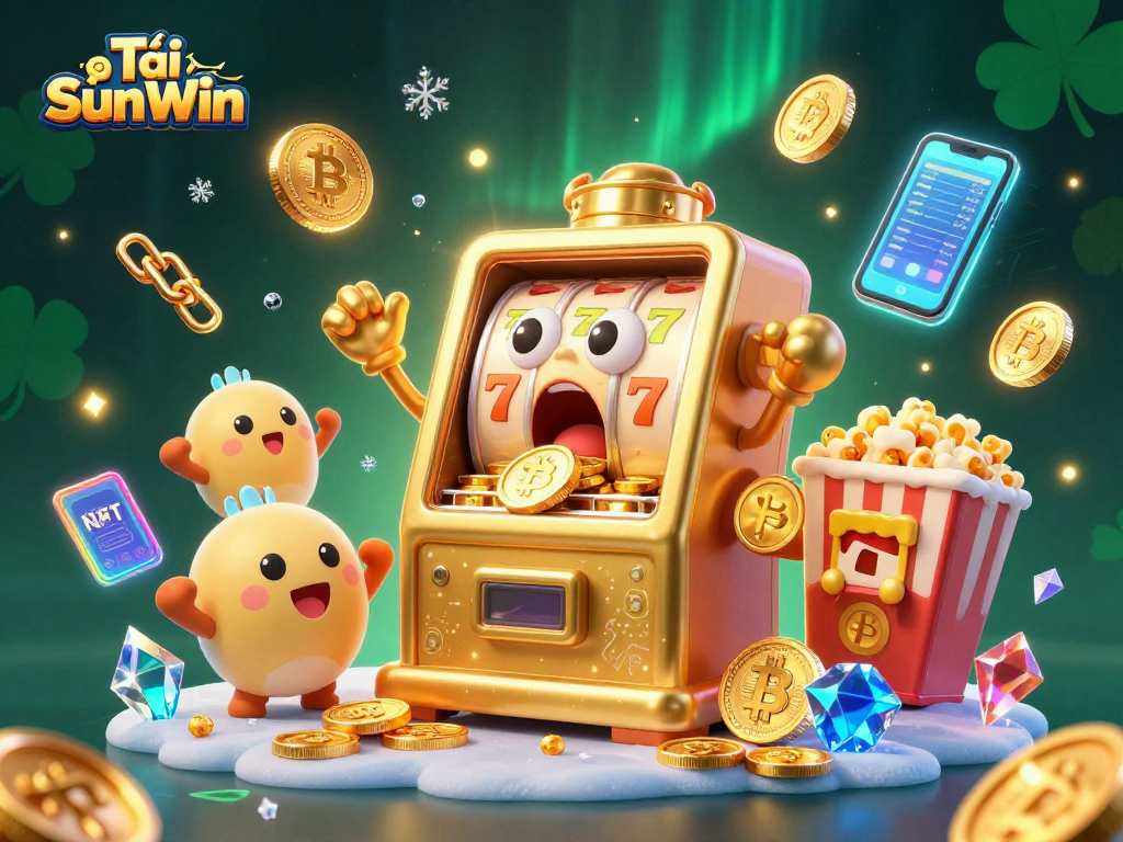 Tải SunWin showcases a vibrant 3D cartoon slot machine hitting a jackpot among cheering baby slots.