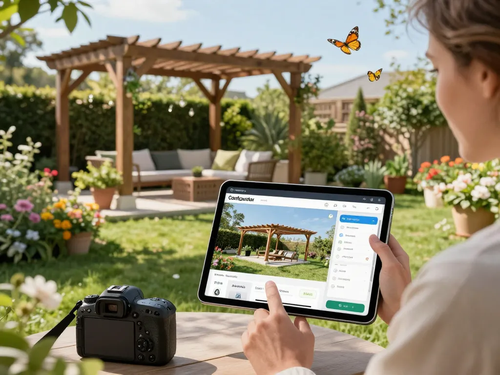 Hausbesitzer nutzt den Pergola Konfigurator, um Designs in einer schönen Gartenlandschaft zu visualisieren.
