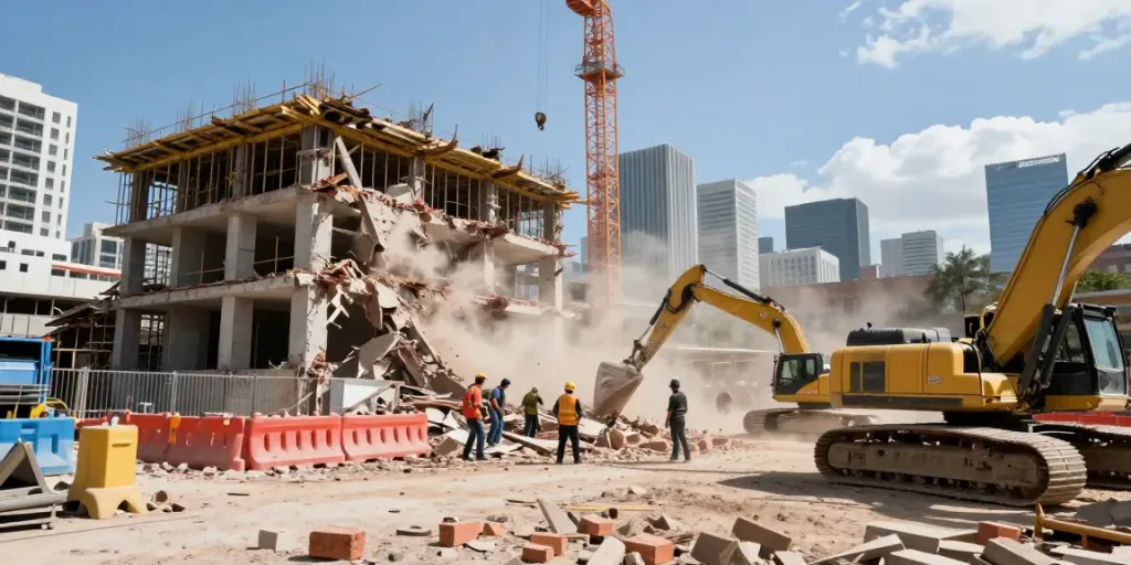 Abriss Wien: Arbeiter bei Abrissarbeiten eines historischen Gebäudes in einer urbanen Umgebung mit modernem Stadtbild im Hintergrund.