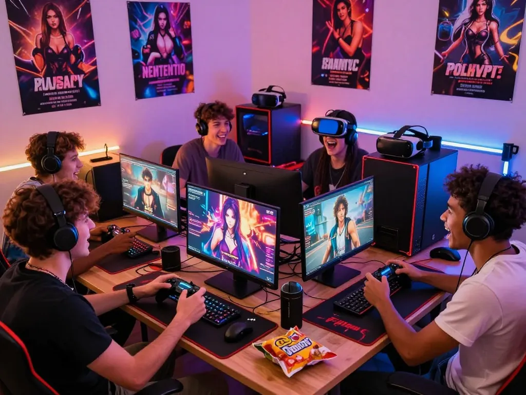 Friends enjoying a sex game online in a vibrant gaming room with colorful lighting