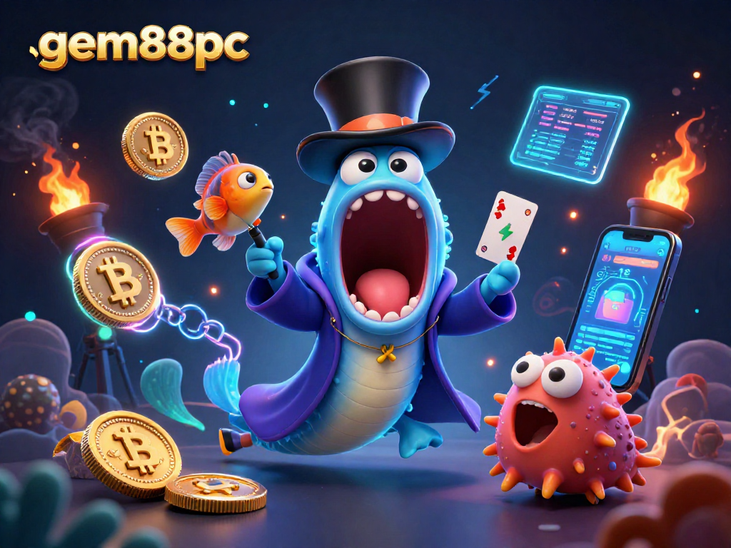 Engage with gem88pc and enjoy dynamic card tricks by a whimsical deep-sea eel in a magical casino scene.