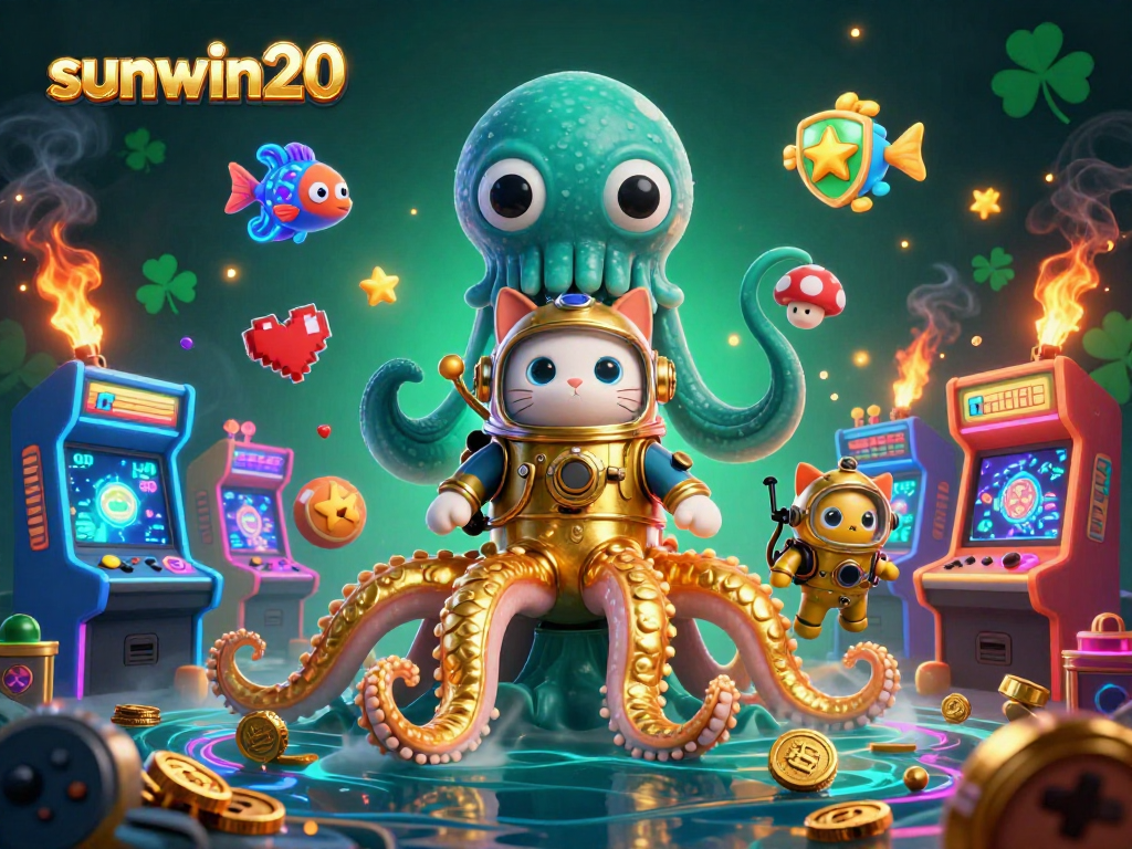Engage in thrilling gameplay with sunwin20's vibrant casino scene featuring a golden kraken and arcade games.
