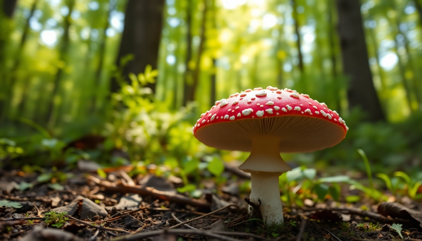 Amanita muscaria kaufen: Discover vibrant red fly agaric mushrooms in a lush forest.