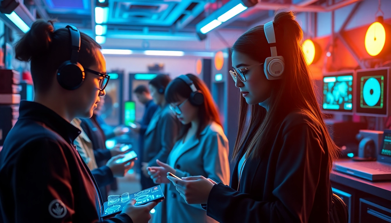 Engaging scene of adults interacting with innovative AI technology in a futuristic lab, showcasing 18+ AI applications.