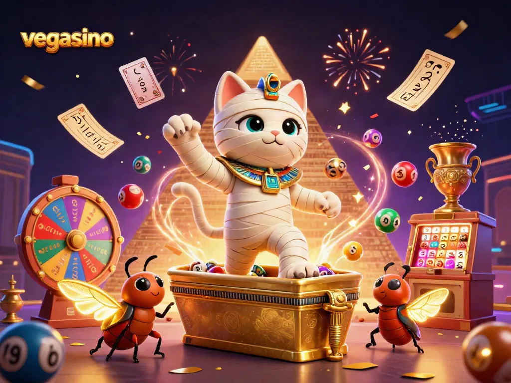 Experience excitement at Vegasino with a 3D illustration featuring an Egyptian mummy cat and lively casino elements.