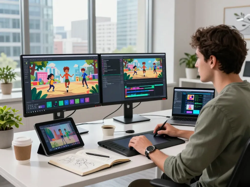 A video creator engaged with motion control AI, illustrating innovative animation techniques in a modern workspace.