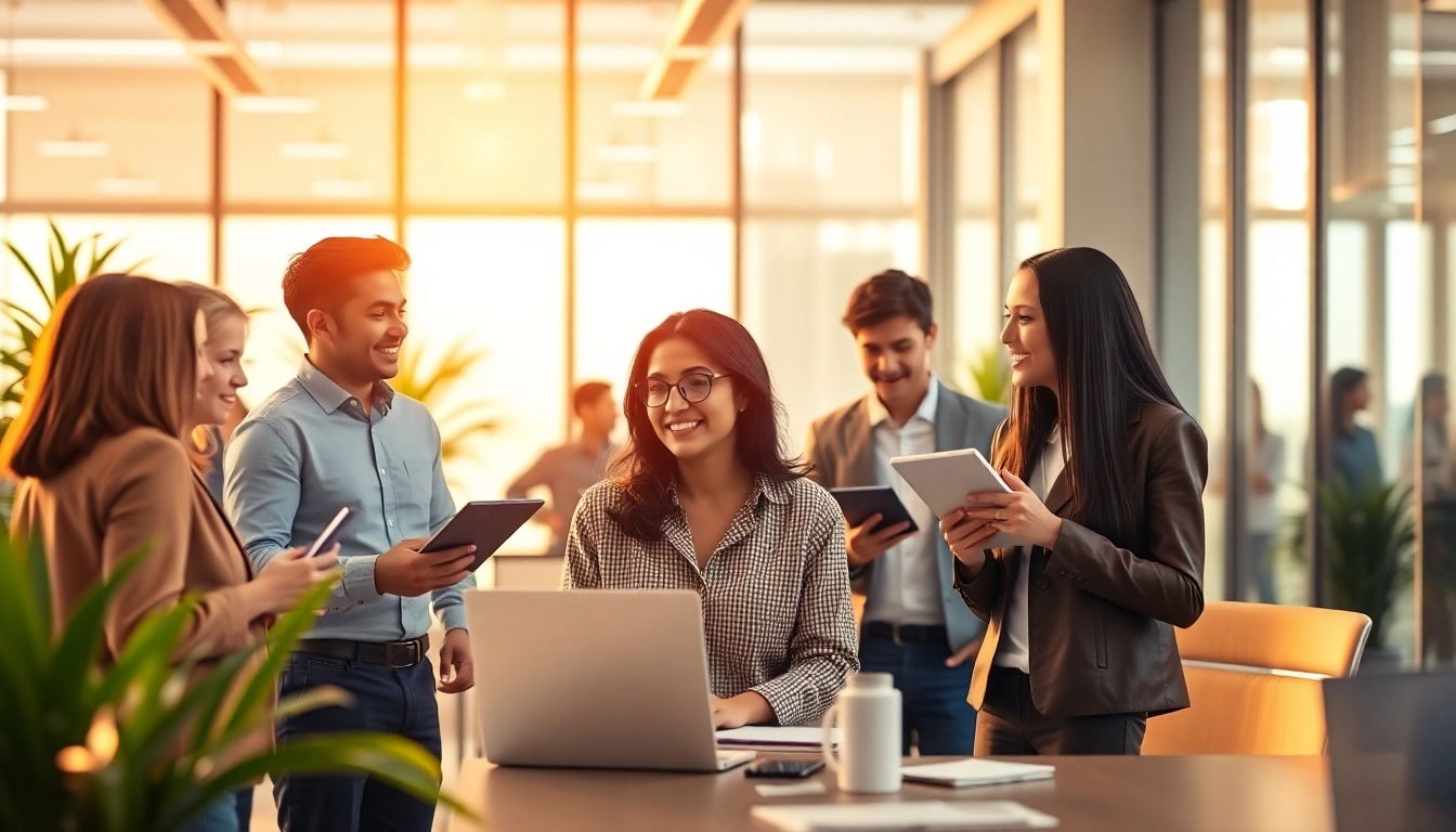 Job seekers exploring Stellenangebote in a vibrant office setting, surrounded by collaborative colleagues.