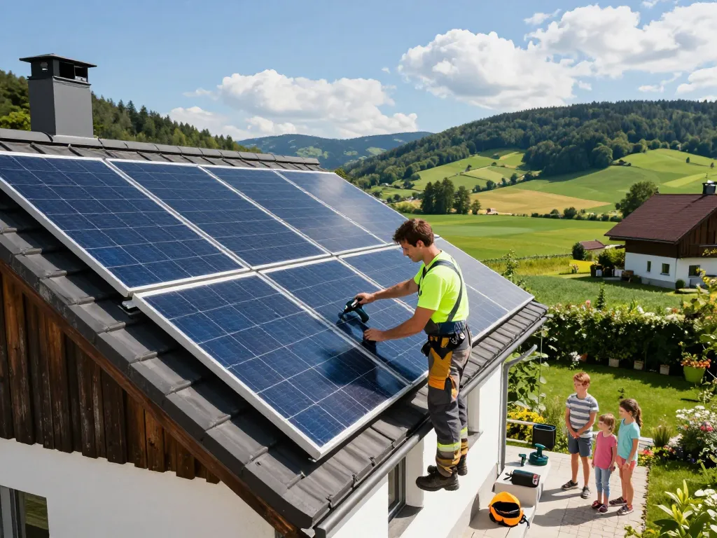 Photovoltaik Bayern Installation, die einen Techniker auf dem Dach zeigt, der Solarpanels in die schöne bayerische Landschaft integriert.