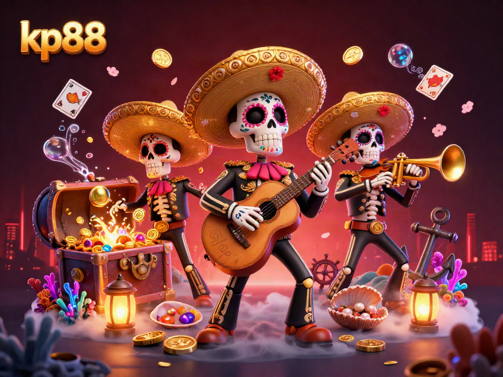 Kp88 showcases an engaging casino scene with a vibrant mariachi band amidst floating playing cards and treasure.
