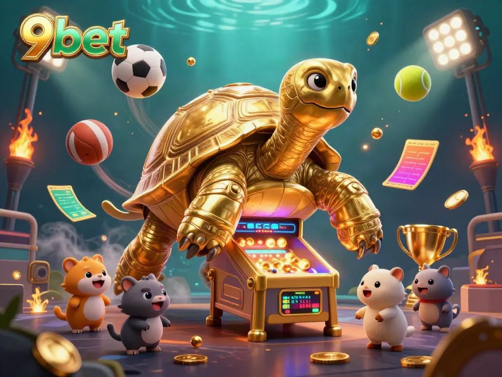 Experience excitement at 9bet with a thrilling live casino scene featuring a golden tortoise pinball machine.