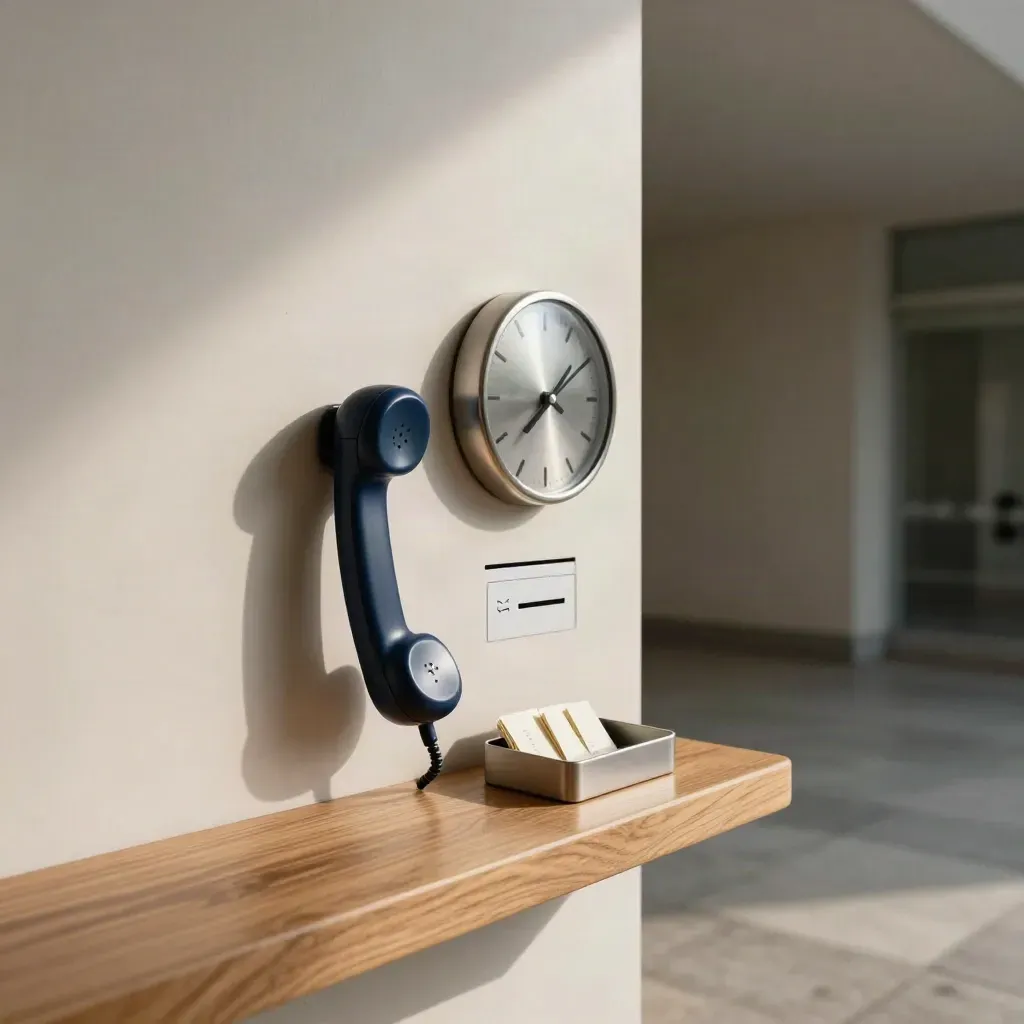 Terminbuchung an einer dezenten Servicewand mit Uhr, Telefon und Ablage