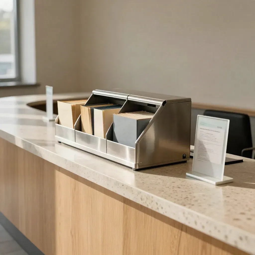 Leerer Bürgerbüro-Schalter mit Ticketspender, Ordnerregal und hellem Steinboden.