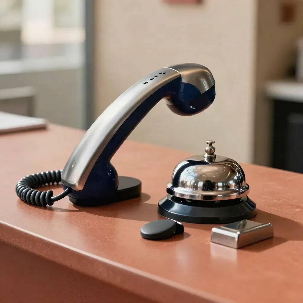 Makro einer Telefonstation mit Klingel, Hörer, Markierungstoken und Metall-Indexblock