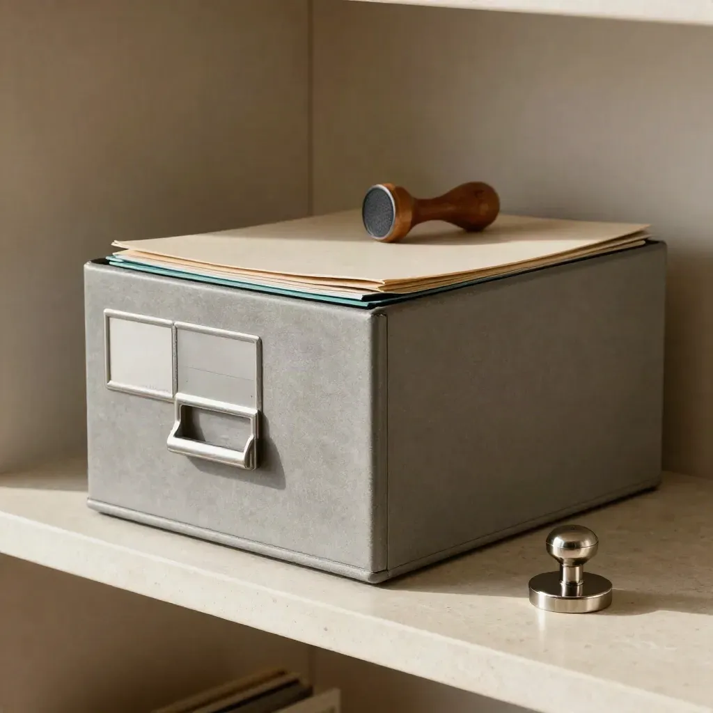 Archivbox, Stempel, Ordner und Metallsiegel auf hellem Steinsockel.
