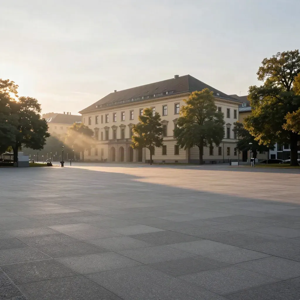 Neues Schloss über hellem Platz im Morgennebel, Stuttgart-Mitte
