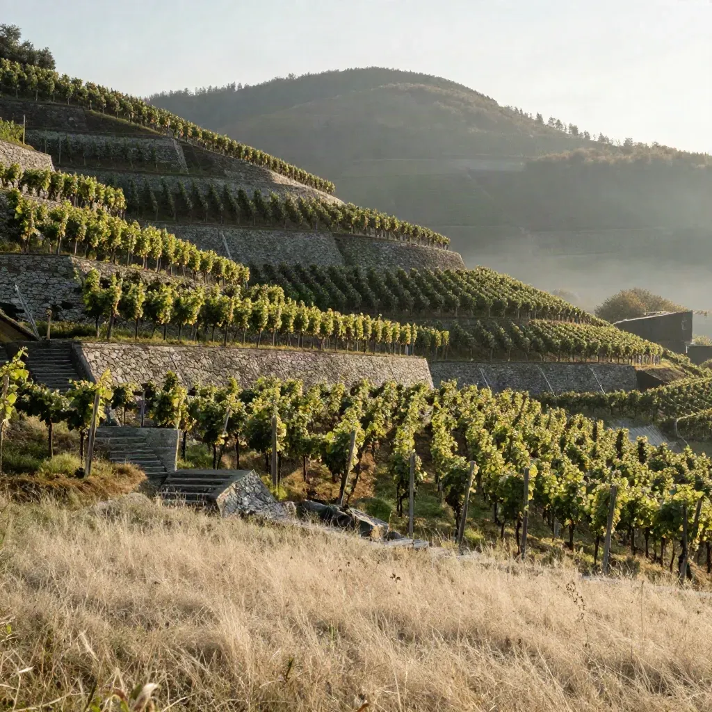 Weinbergterrassen in Stuttgart-Süd bei Morgenlicht mit Nebel und Degerloch im Hintergrund