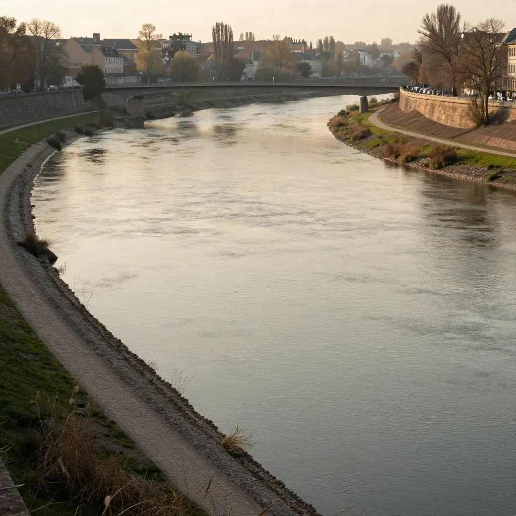 Goldene Neckarlandschaft mit Brücke, Uferbändern und weiter Stadt am Horizont