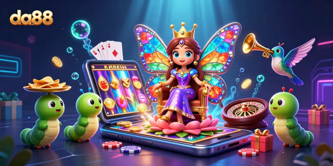 Experience the excitement of da88's vibrant gaming world with a whimsical butterfly queen and dynamic casino elements.
