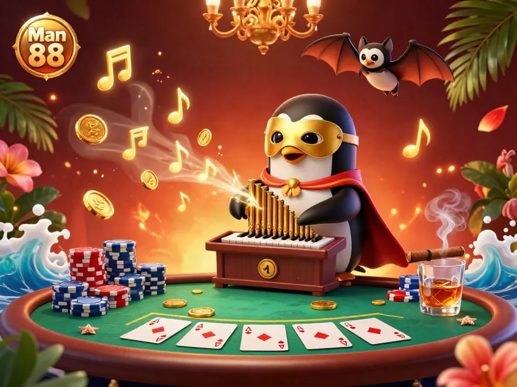 Experience thrilling moments at Man 88, with a penguin playing organ coins in a vibrant casino scene.