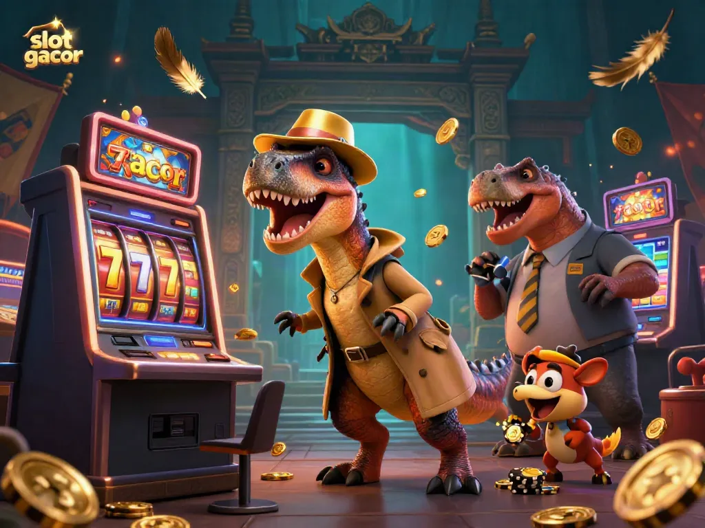 Engage in thrilling gameplay at slot gacor with a cartoon velociraptor at a dynamic casino scene.
