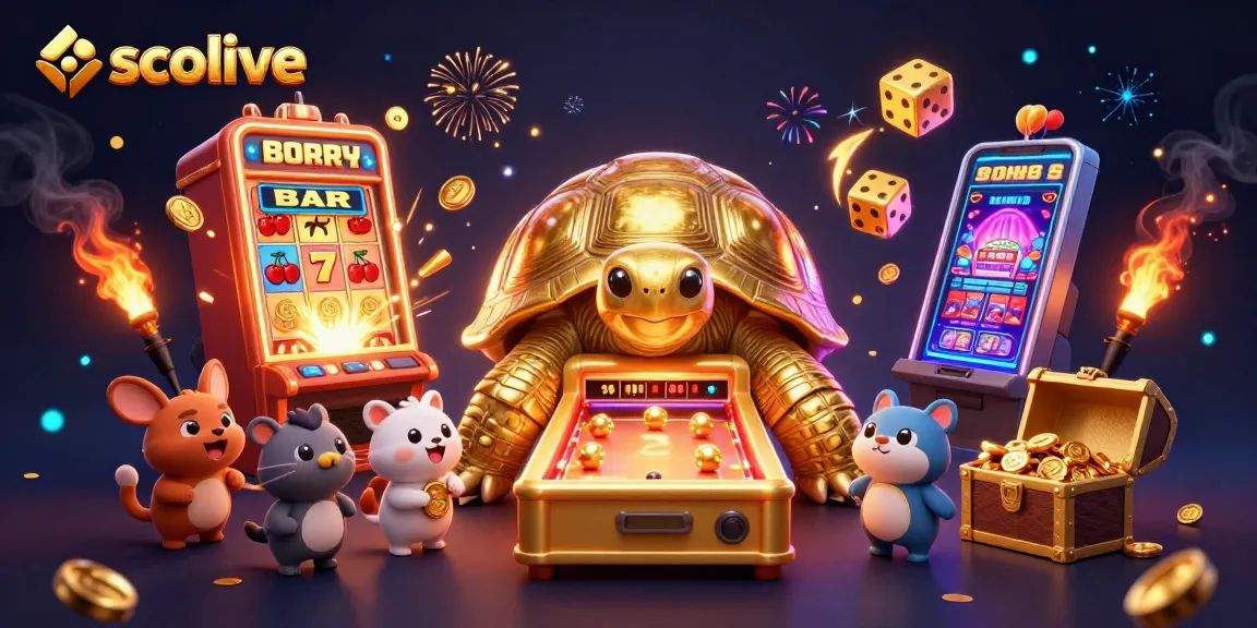 Socolive offers a thrilling experience with a lively casino scene showcasing a golden tortoise pinball machine amidst exciting games and cheerful characters.