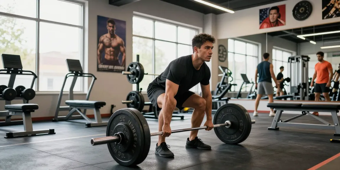 Kraftvoller Athlet hebt Gewichte in einem modernen Fitnessstudio, repräsentiert Anabolika Shop Deutschland und Fitness-Entschlossenheit.