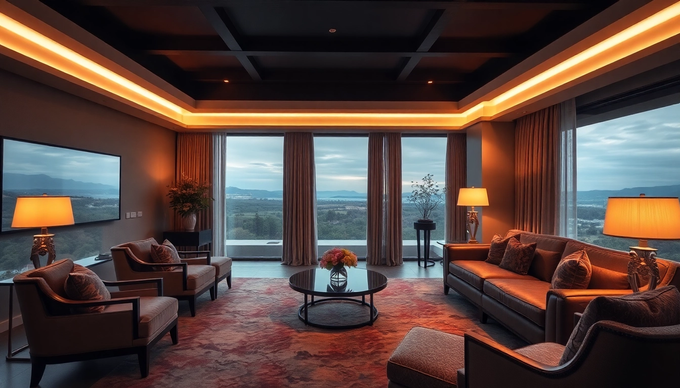 Luxury room featuring elegant furniture and serene landscape views, offering comfort and sophistication.